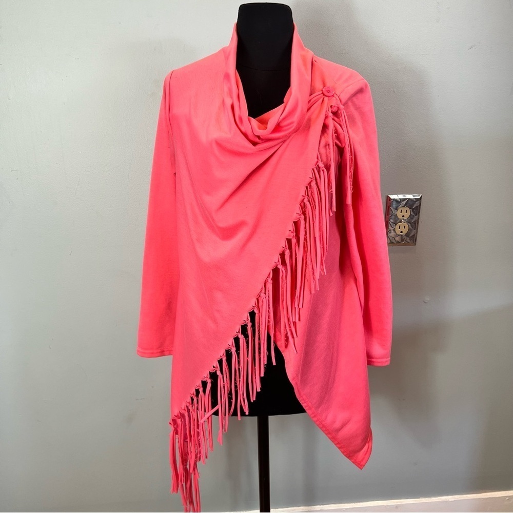 Hot Pink Lightweight Jacket Cardigan Jersey Knit Fringe Detail Assemetrical - Picture 4 of 9